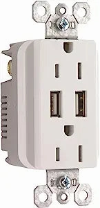 15A 125V Duplex Outlet with 2 USB Chargers. White