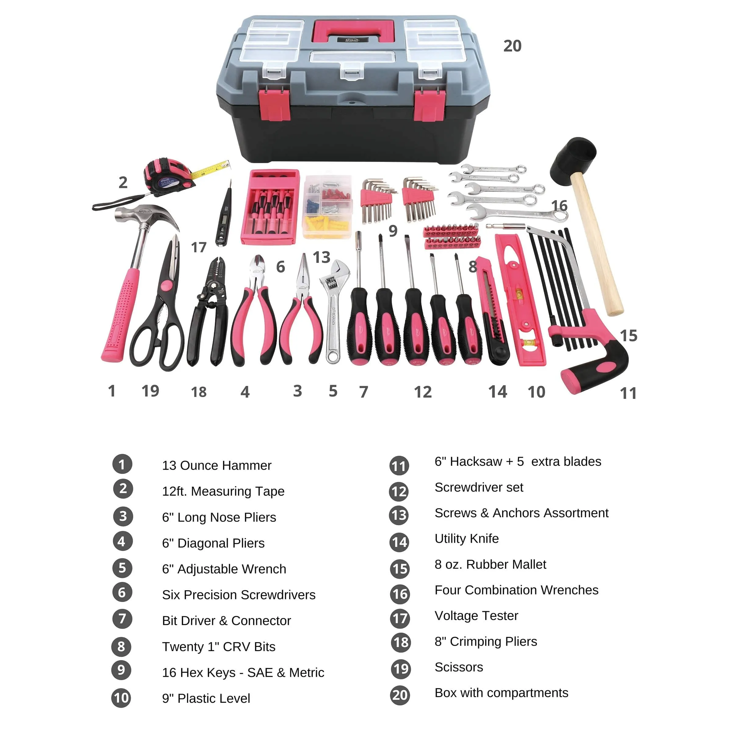 170 pc Household Tool Kit with Tool Box Pink