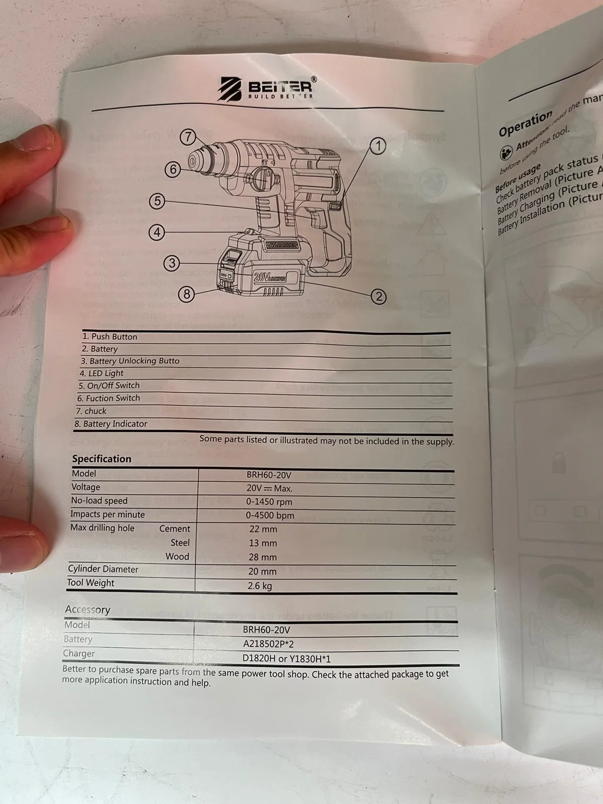 Beiter 20V Cordless Combo Kit | Model : BRH60-BTKIT02