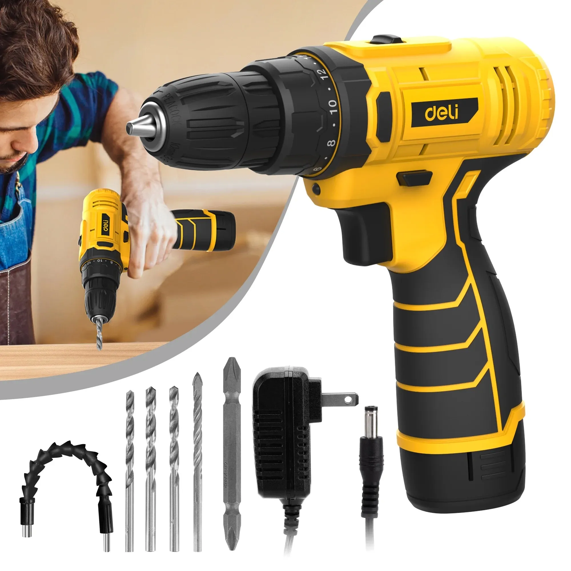 Deli EDL-DZ12-4A2 12V Max Lithium-Ion Cordless Impact Drill Driver Set with 2.0Ah Battery Charger