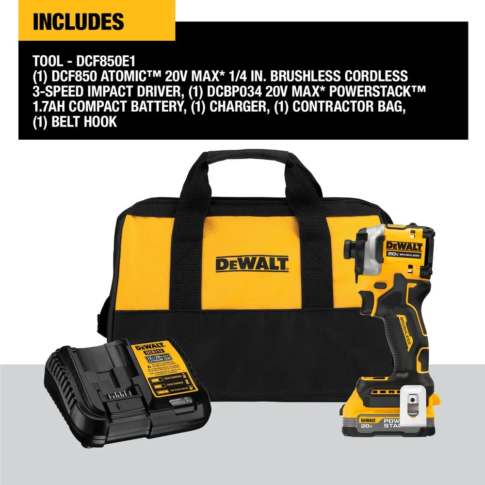 DeWALT DCF850E1 20V ATOMIC MAX 1/4" Impact Driver Kit w/ POWERSTACK