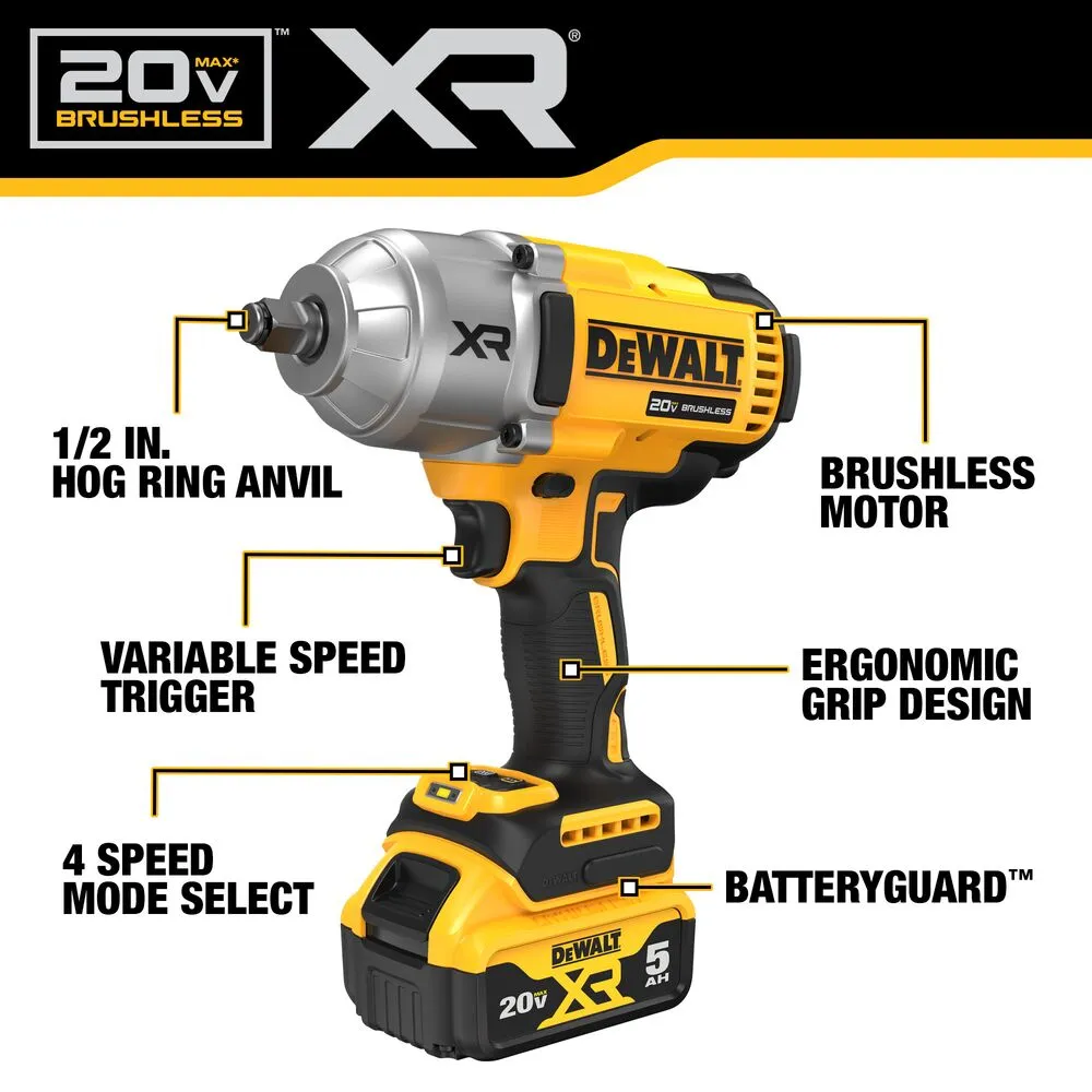 DeWALT DCF900P1 20V MAX XR 1/2" High Torque Impact Wrench w/ Hog Ring Anvil