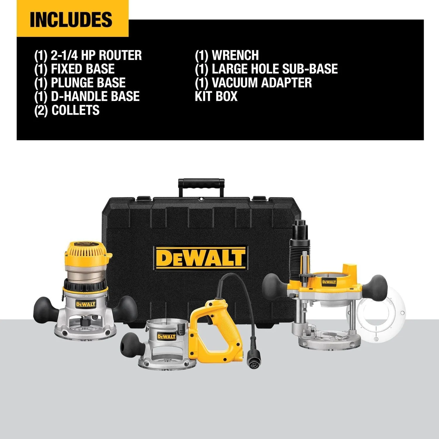 DEWALT DW618B3 2-1/4 HP (maximum motor HP) Three Base Router Kit