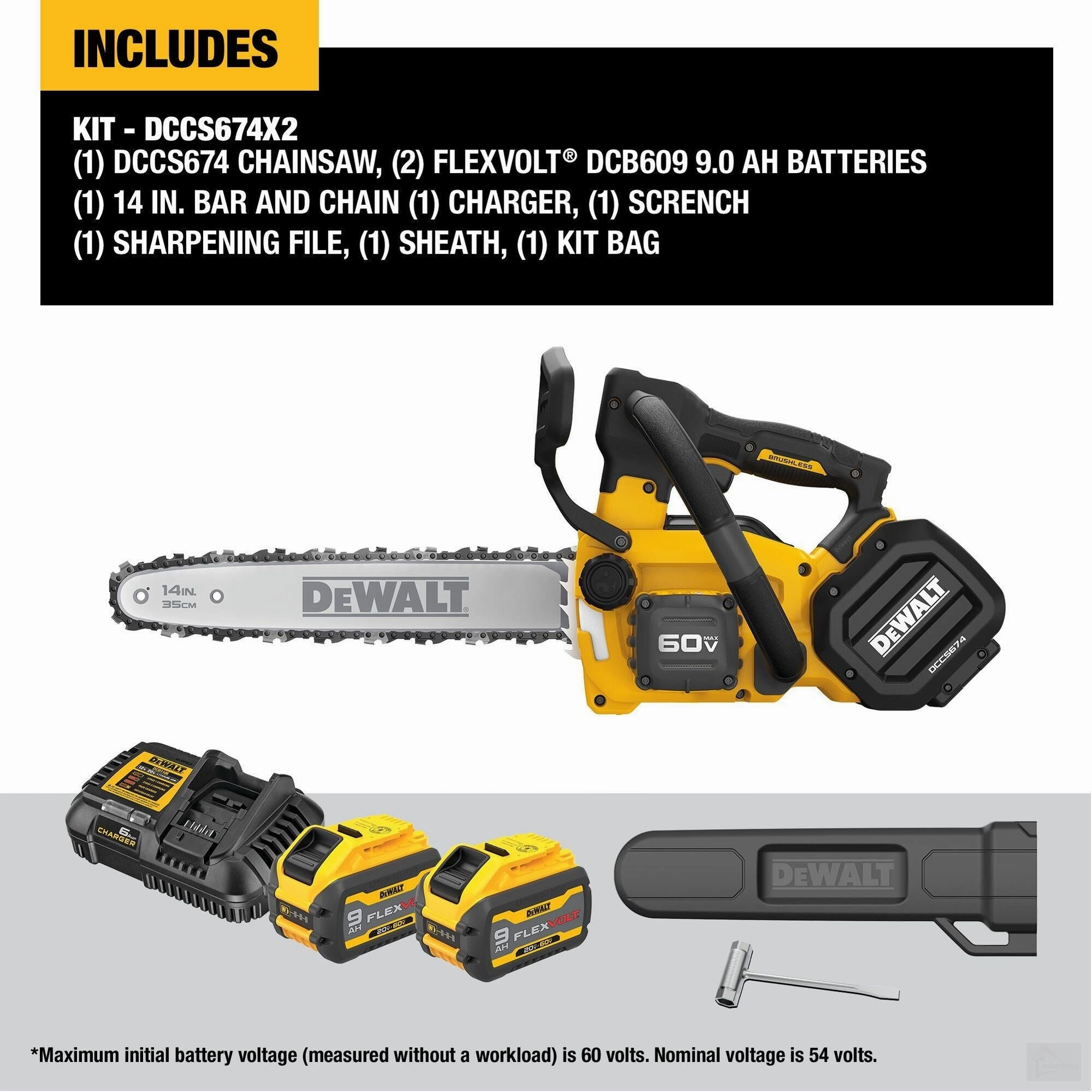 Dewalt 60V MAX* 14 in. Brushless Cordless Top Handle Chainsaw Kit (DCCS674X2-CA)