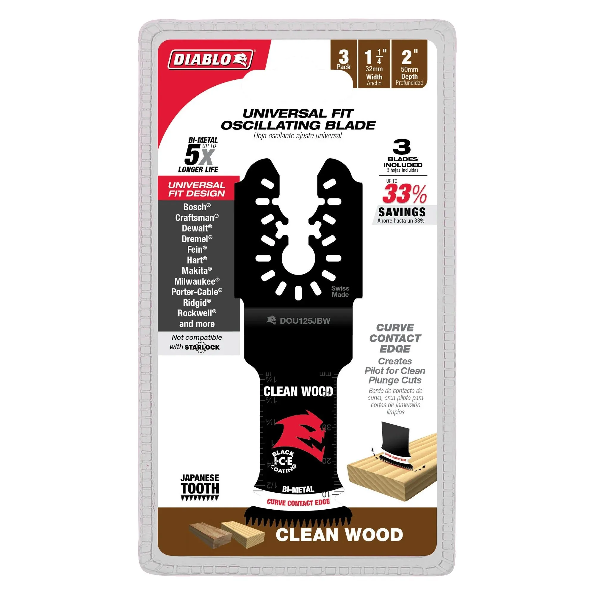 Diablo DOU125JBW3 - 1-1/4 in. Universal Fit Bi-Metal Oscillating Blade for Clean Wood - 3PK