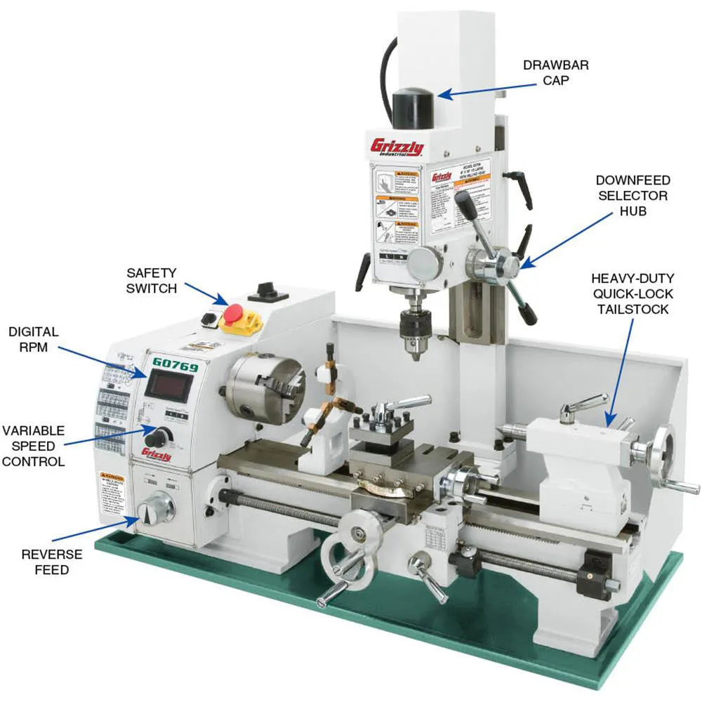 Grizzly G0769 110V 8 Inch x 16 Inch Lathe with Milling Head