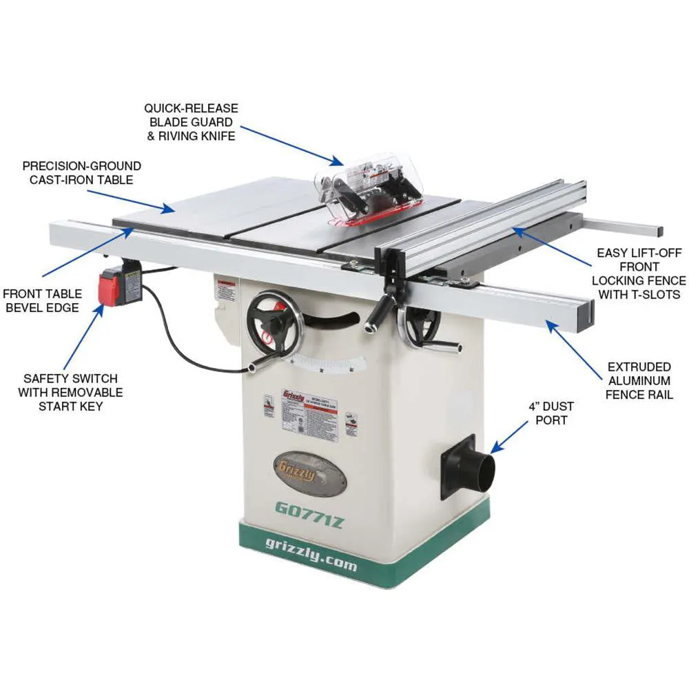 Grizzly G0771Z 120V/240V 10 Inch 2 HP 120V Hybrid Table Saw with T-Shaped Fence