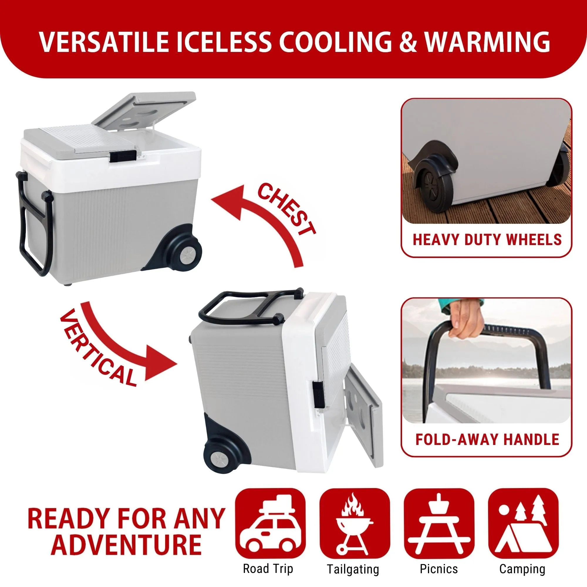 Koolatron Wheeled 12V Electric Cooler/Warmer, 31L (33qt) Rolling Thermoelectric Car Fridge, Dual Opening, 12 Volt DC Connection, Plug In Iceless Refrigerator, For Work Travel Vehicle Truck RV, Gray