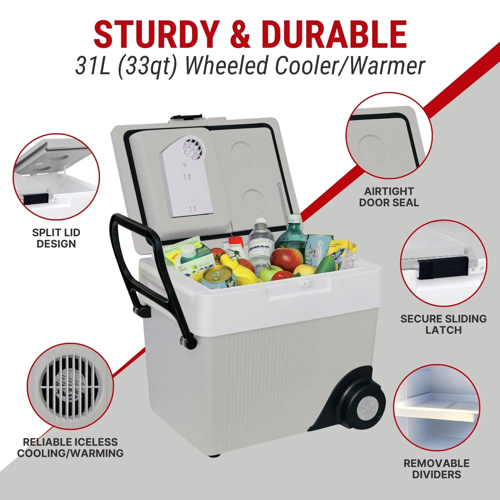 Koolatron Wheeled 12V Electric Cooler/Warmer, 31L (33qt) Rolling Thermoelectric Car Fridge, Dual Opening, 12 Volt DC Connection, Plug In Iceless Refrigerator, For Work Travel Vehicle Truck RV, Gray