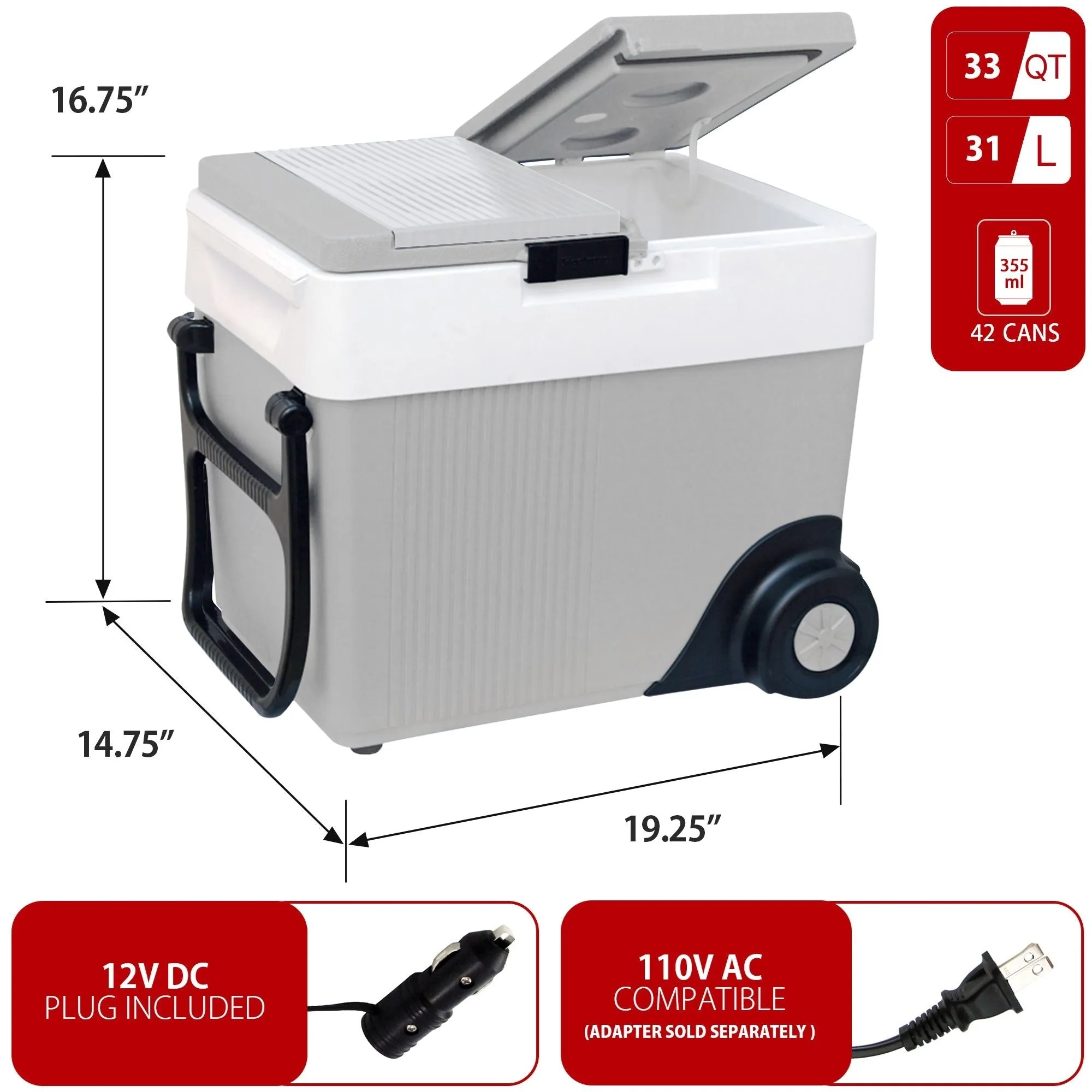 Koolatron Wheeled 12V Electric Cooler/Warmer, 31L (33qt) Rolling Thermoelectric Car Fridge, Dual Opening, 12 Volt DC Connection, Plug In Iceless Refrigerator, For Work Travel Vehicle Truck RV, Gray