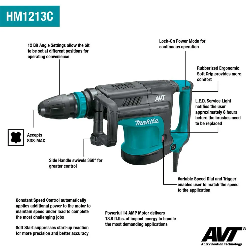 Makita HM1213C AVT Corded Demolition Hammer Compatible w/ SDS-MAX Bits
