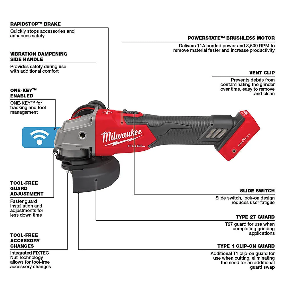 Milwaukee 2883-20 M18 FUEL 18V Slide Braking Grinder w/ Slide Switch - Bare Tool