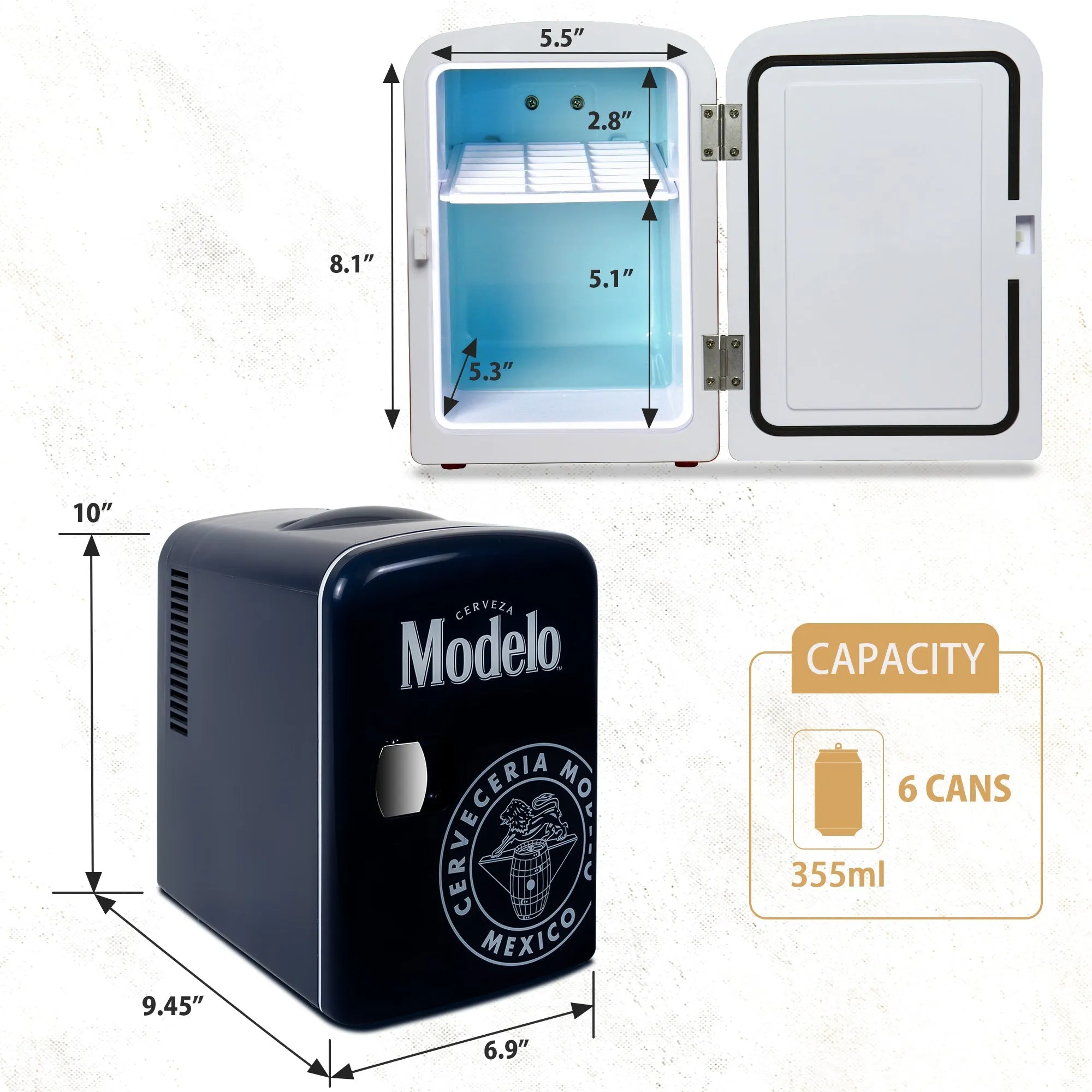 Modelo 4L Portable Mini Fridge with 12V DC and 110V AC Cords, 6 Can Personal Cooler for Beer, Snacks, Lunch, Drinks, Desk Accessory for Home, Office, Bar, Dorm, Travel, Blue