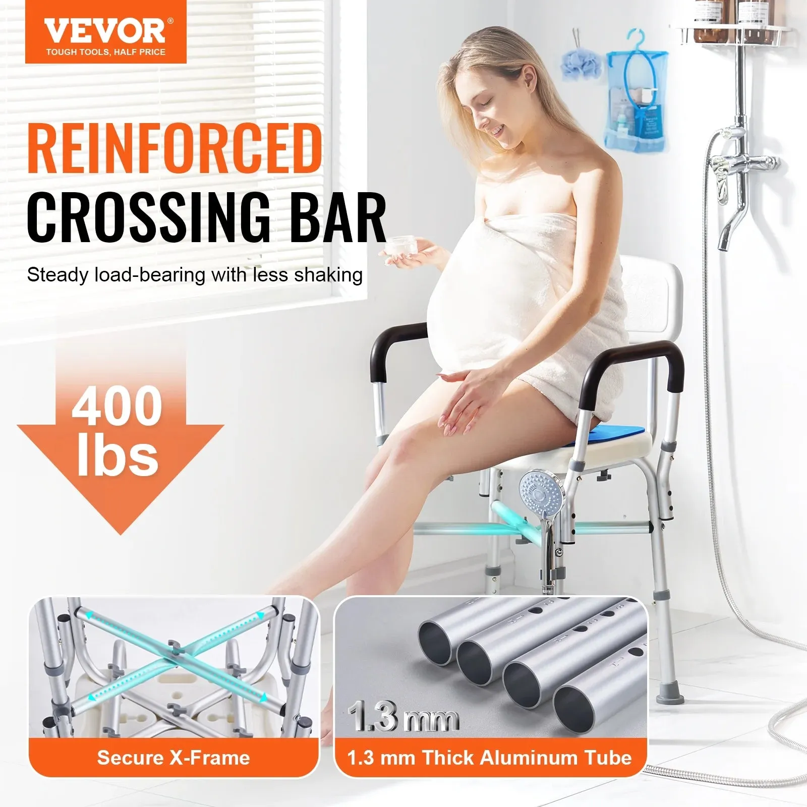 VEVOR 402B Shower Chair Seat with Padded Arms and Back, Shower Stool with Reinforced CrossBar,