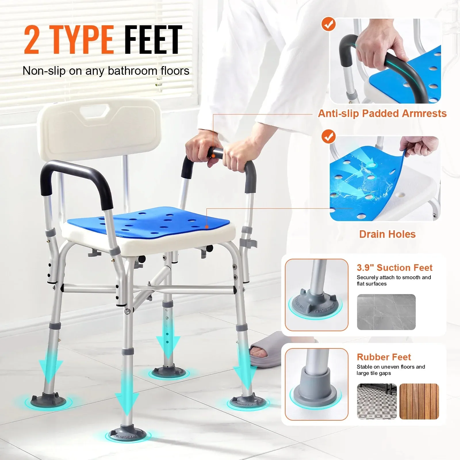 VEVOR 402B Shower Chair Seat with Padded Arms and Back, Shower Stool with Reinforced CrossBar,