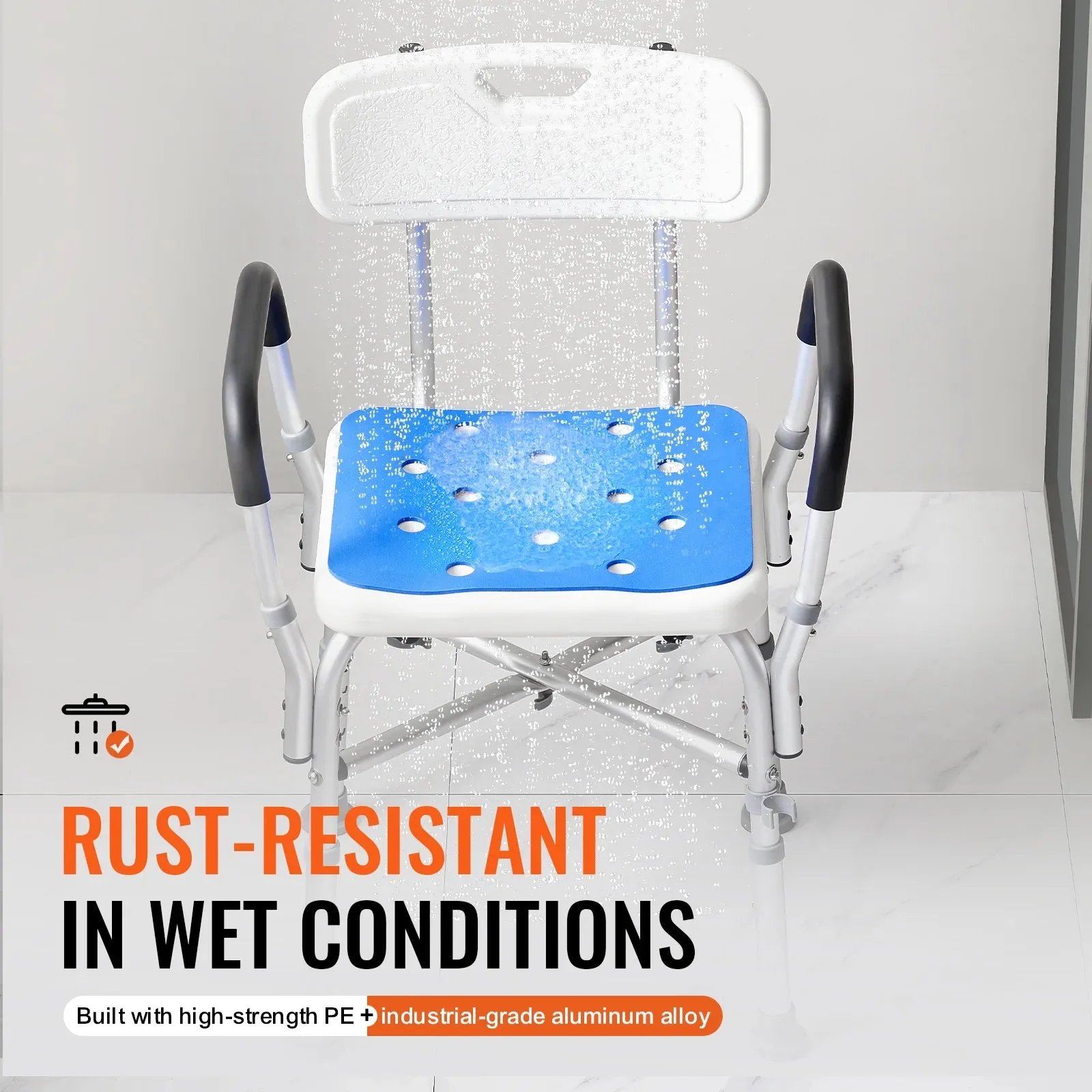 VEVOR 402B Shower Chair Seat with Padded Arms and Back, Shower Stool with Reinforced CrossBar,
